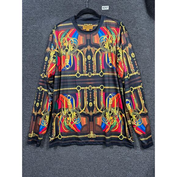 Prestige Shirt Mens 2XL Baroque Long Sleeve Stretch Polyester Black Gold Dressy - Picture 1 of 6